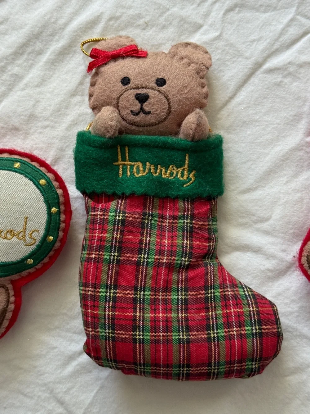 Set of 3 Vintage Harrods Holiday Christmas Bear Felt Ornaments